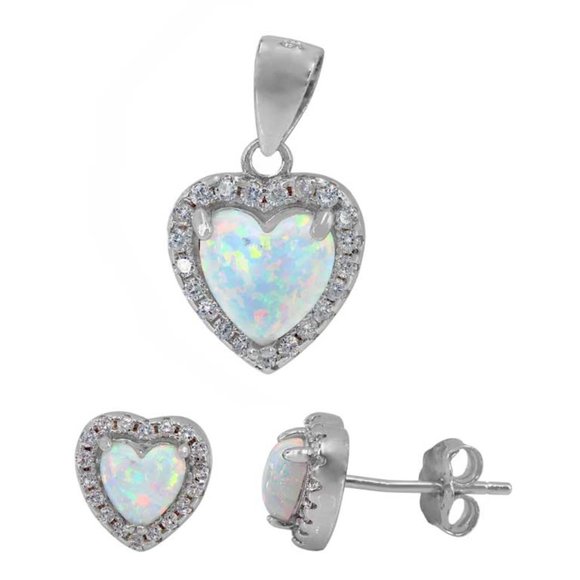Sterling Silver Opal Heart Set - Picture 1 of 1